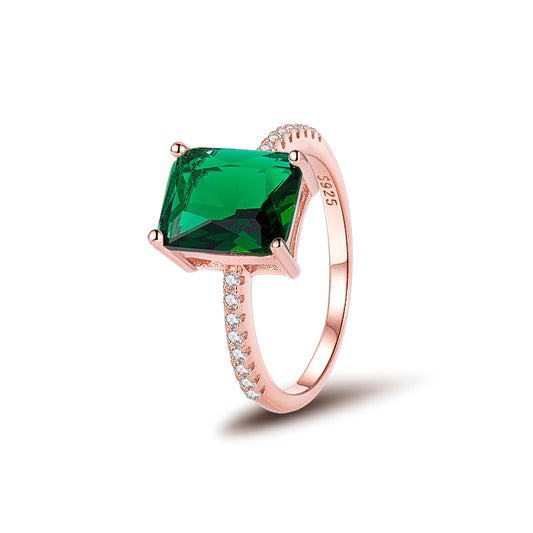 טבעת כסף רוז גולד אבן ירוקה מלבנית